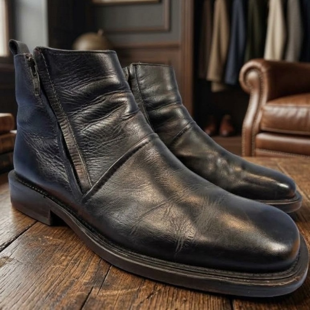 Bacco Bucci Mens Black Leather Square Toe Side Zip Ankle Boots Made in Italy 8.5